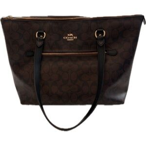 Coach Dark Brown Signature Canvas Tote with Black Straps and Gold Hardware